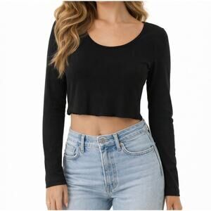 NWT For Days Black Organic Cotton Long Sleeve Crop Baby Tee M Sustainable Casual